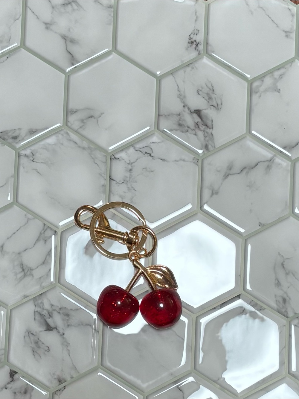 Gold Cherry Keychain with Red Enamel Cherries